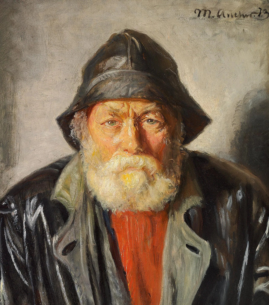 Un pescatore che indossa una cerata nera, un cappotto e un maglione rosso. - Michael Peter Ancher