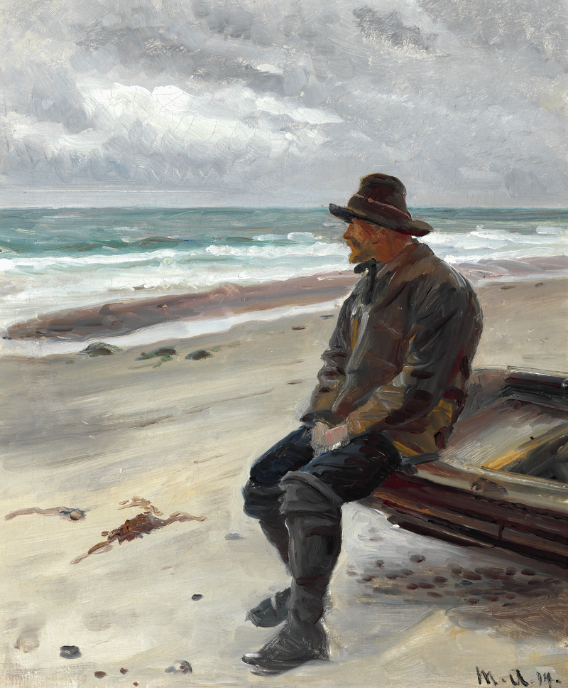 Un pescatore vicino alla sua barca sulla spiaggia. - Michael Peter Ancher