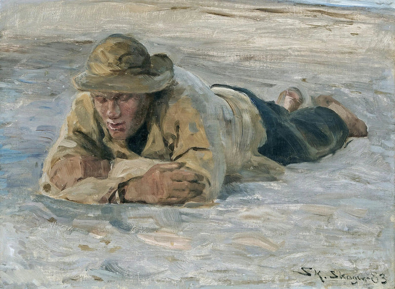 Un pescatore che si riposa sulla sabbia, il petto contro le braccia - Peder Severin Krøyer
