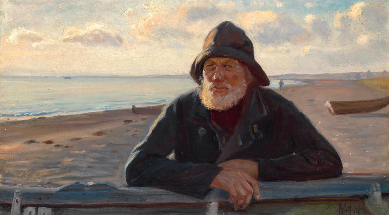 Un pescatore in piedi nella luce del tramonto sulla spiaggia di Skagen. - Michael Peter Ancher