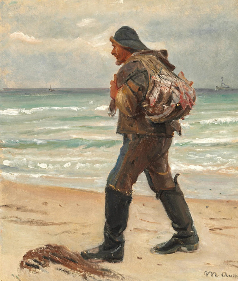 Un pescatore sulla spiaggia di Skagen trasporta il pescato del giorno sulla schiena. -Michael Peter Ancher