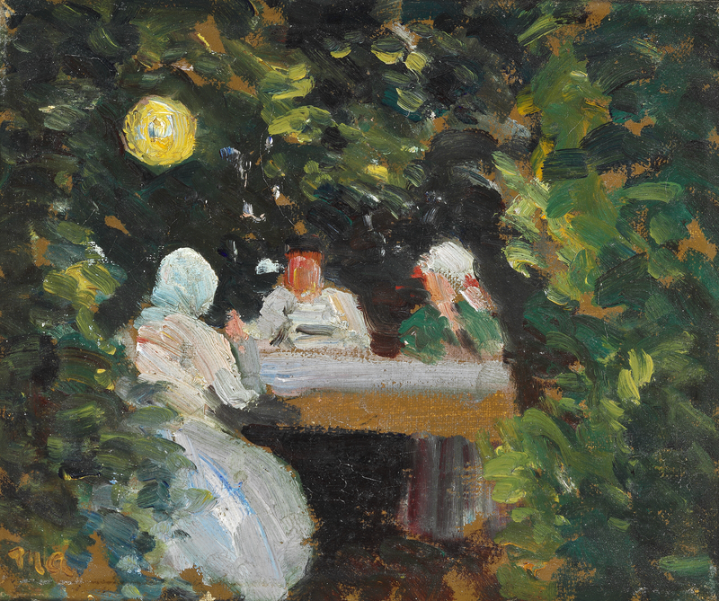 Un piccolo gruppo si è riunito attorno al tavolo alla luce di una lanterna cinese - Michael Peter Ancher