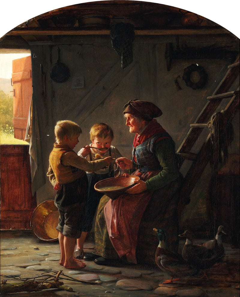 Un repas. Due ragazzi e una nonna assaggiano la zuppa di patate. - Carl Heinrich Bloch