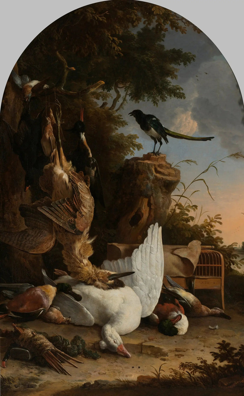 Un sac de cacciatore vicino a un ceppo d'albero con un merlo, conosciuto come « il merlo contemplativo » - Melchior de Hondecoeter
