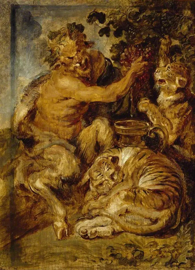 Un satyre pressant des raisins con un tigre e un leopardo - Peter Paul Rubens