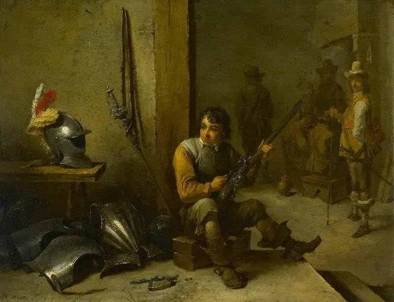 Un soldat nettoyant un fusil à silex dans une salle de garde, une armure à côté de lui et des soldats au-delà - David Teniers le Jeune image 1 reproduction réalisée par Alpha Reproduction