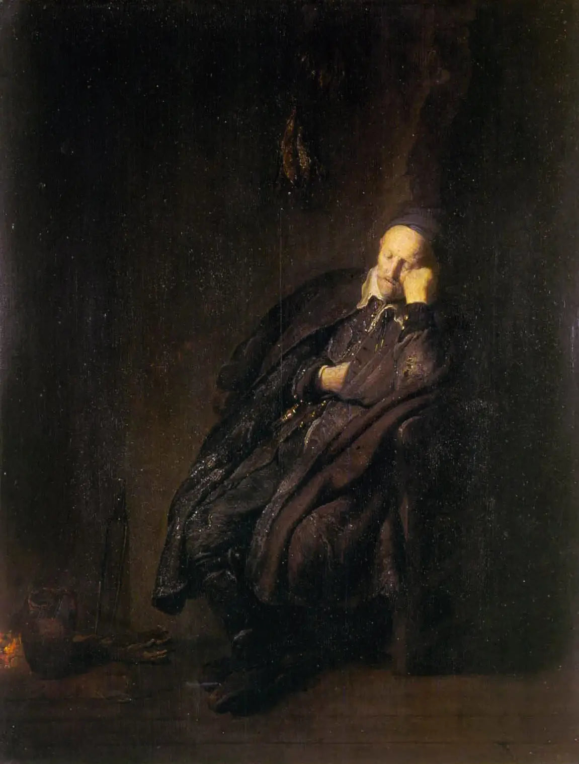 Un vieil homme dort près de - Rembrandt image 1 reproduction artisanale de tableau