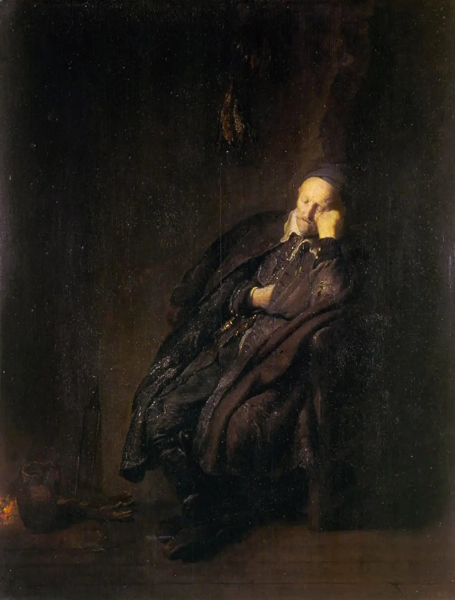 Un vecchio uomo dorme vicino a - Rembrandt