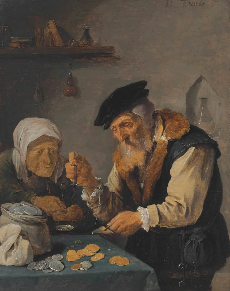 Un vecchio uomo e una vecchia donna pesano monete - David Teniers il Giovane