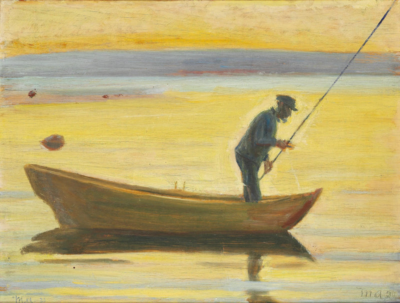 Un vecchio sta pescando da una barca. - Michael Peter Ancher