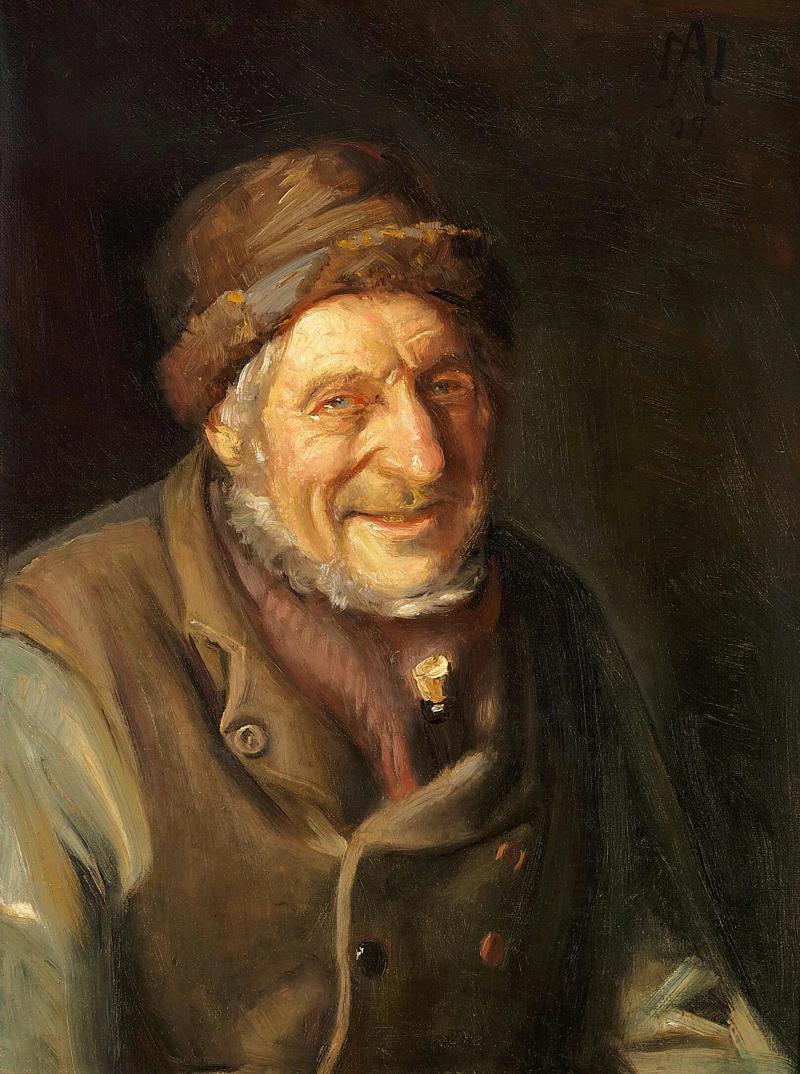 Un vieil homme souriant de Skagen, une bouteille glissée sous son gilet. - Michael Peter Ancher image 1 reproduction artisanale de tableau