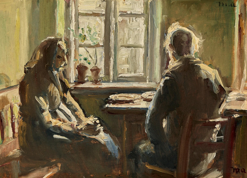 Una coppia di anziani sposati di Skagen è seduta al tavolo vicino alla finestra. - Michael Peter Ancher