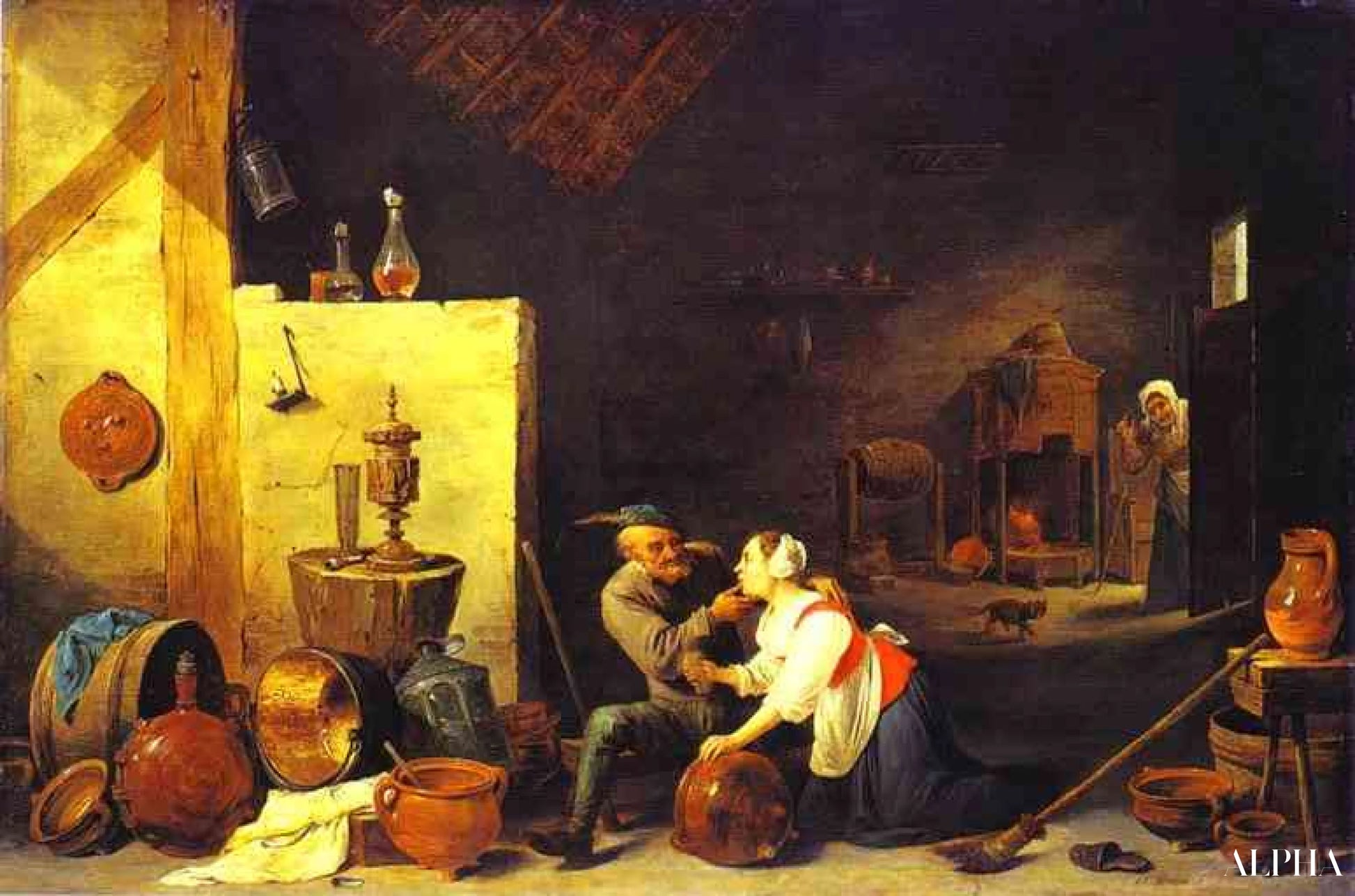 Un vecchio contadino accarezza una cuoca in una stalla - David The Younger Teniers - Riproduzioni di quadri e dipinti di alta qualità
