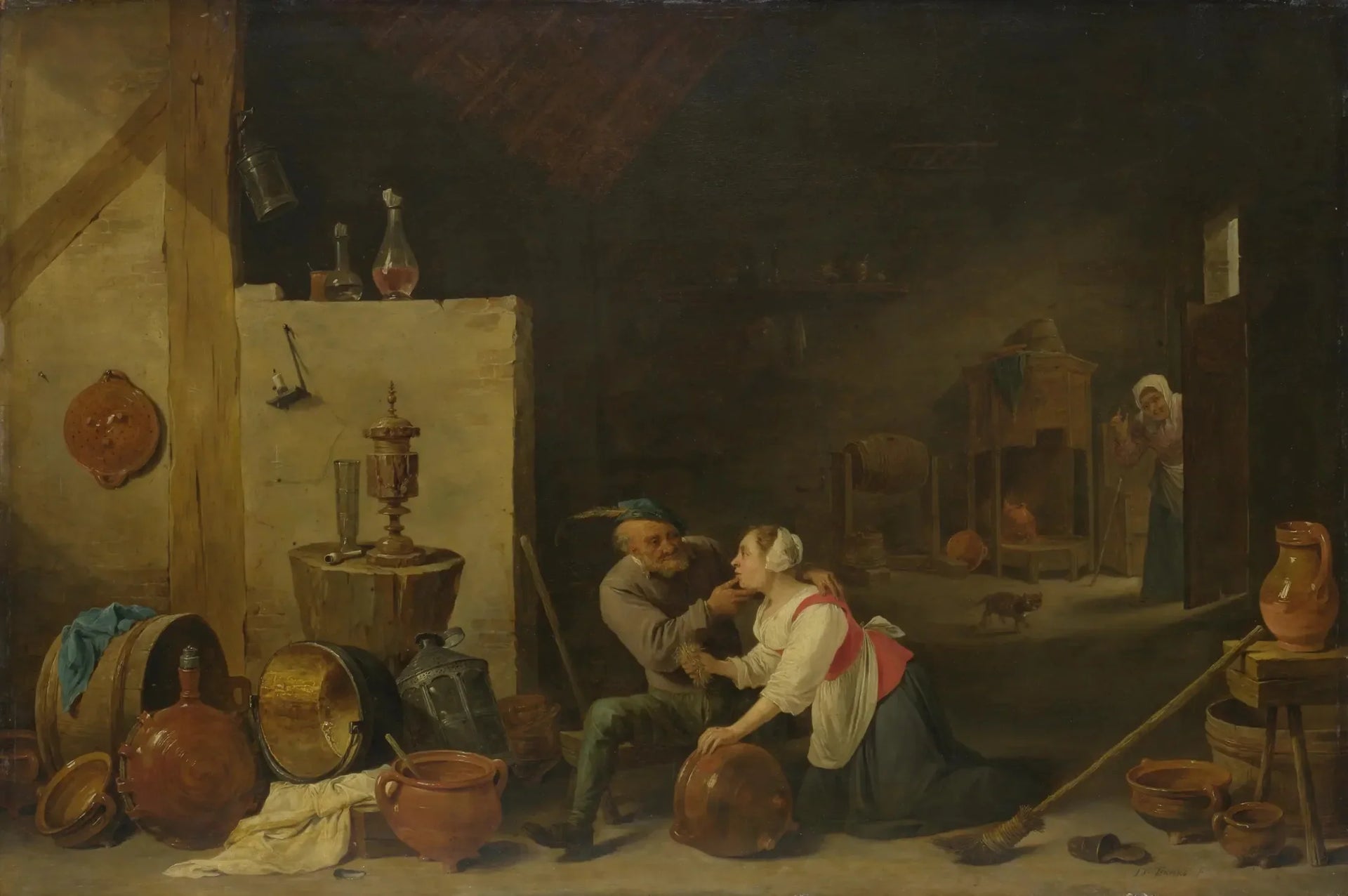 Un vieux paysan caresse une servante de cuisine dans une écurie - David Teniers le Jeune image 1 reproduction artisanale de tableau