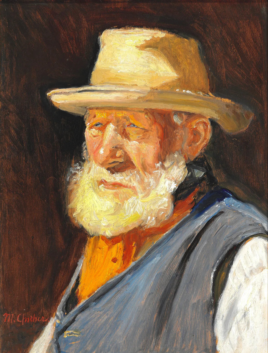 Un vecchio pescatore al sole, con indosso un leggero cappello estivo e un gilet blu. - Michael Peter Ancher