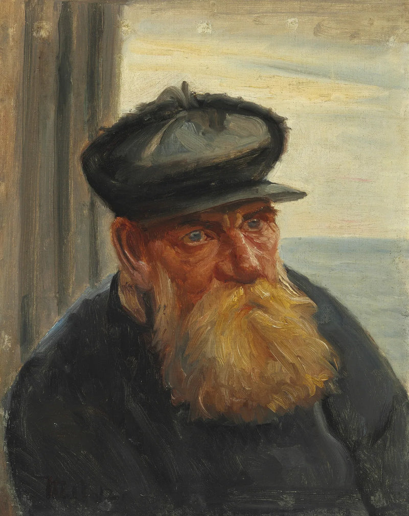 Un vecchio pescatore su un portone, il mare sullo sfondo, Skagen - Michael Peter Ancher
