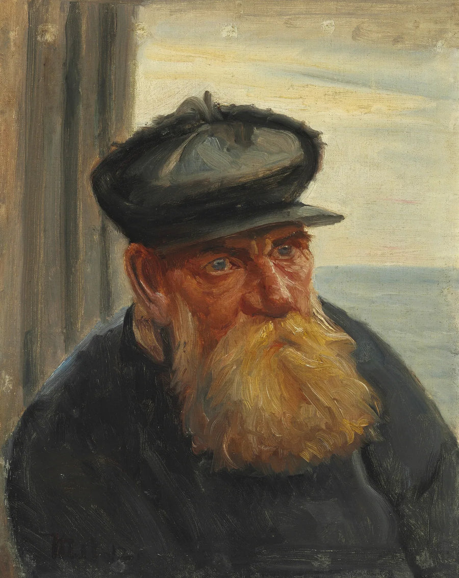 Un vecchio pescatore su un portone, il mare sullo sfondo, Skagen - Michael Peter Ancher