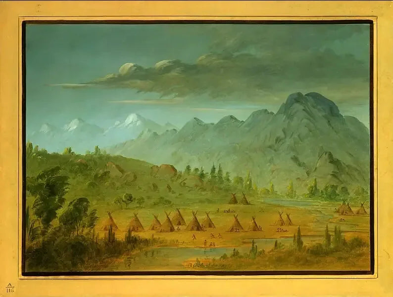 Un villaggio corvo e le montagne del fiume Salmon - George Catlin