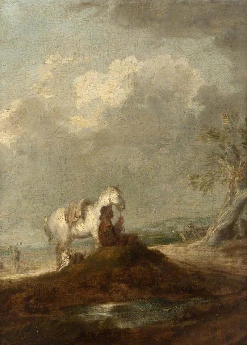 Un voyageur seduto su una strada di campagna, che tiene un cavallo bianco - Thomas Gainsborough