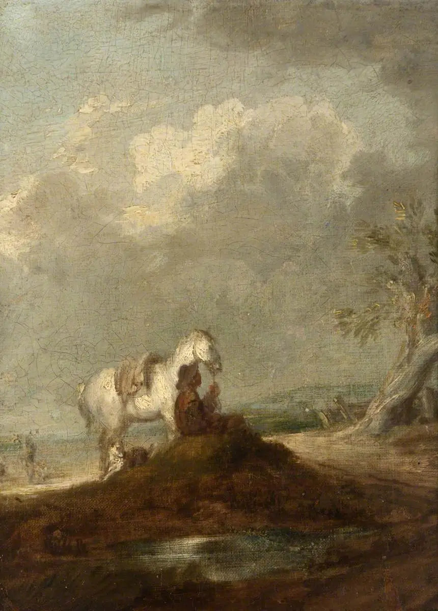 Un voyageur seduto su una strada di campagna, che tiene un cavallo bianco - Thomas Gainsborough