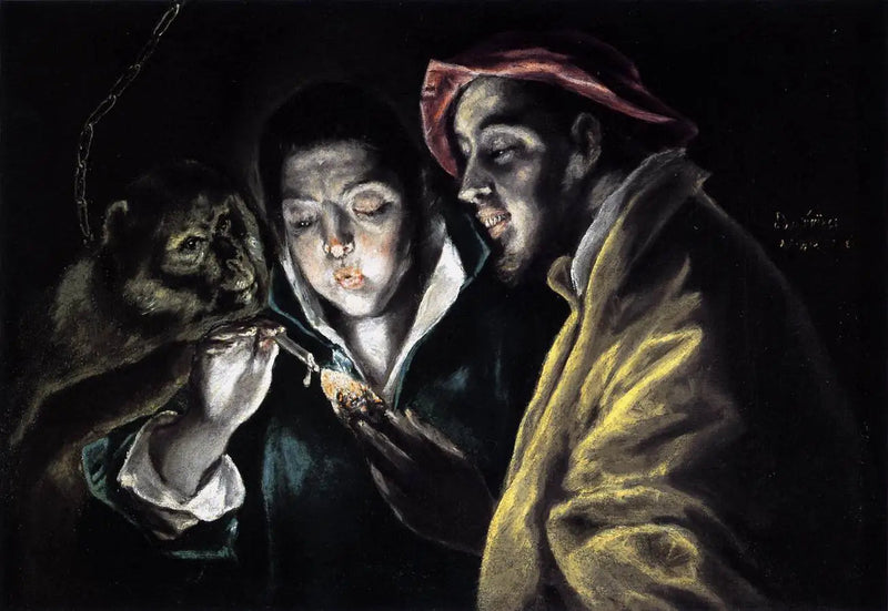Un'allégorie con un ragazzo che accende una candela in compagnia di una scimmia e di un folle - El Greco