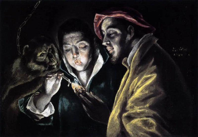 Un'allégorie con un ragazzo che accende una candela in compagnia di una scimmia e di un folle - El Greco
