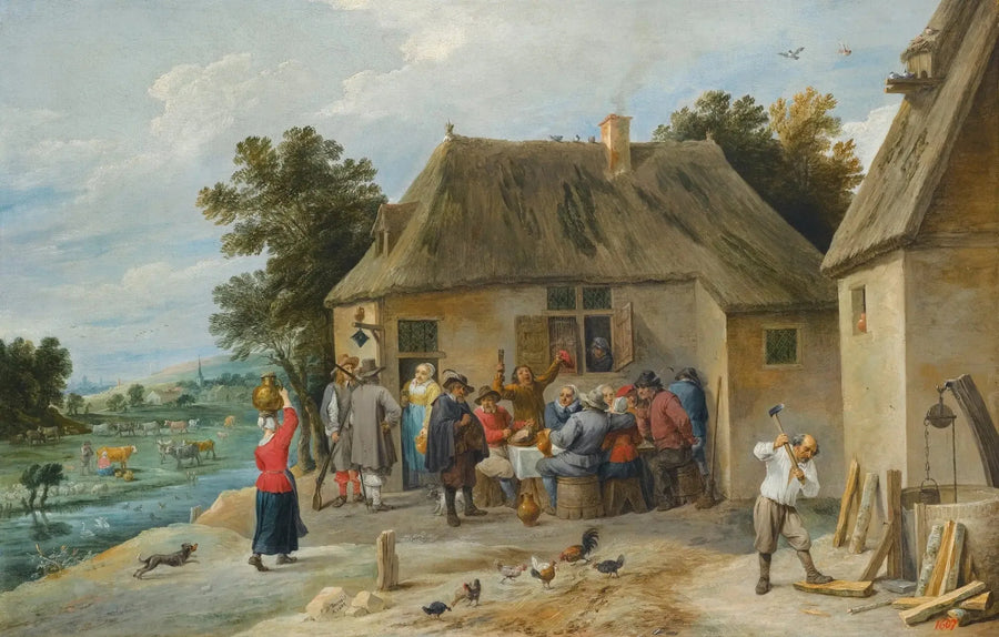 Una locanda di campagna, con il locandiere che taglia la legna - David Teniers il Giovane
