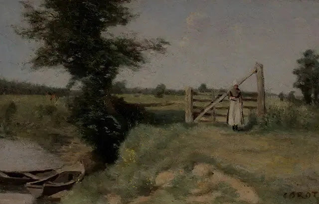 Una barriera nei prati ai margini di un canale. Dintorni di Abbeville - Jean-Baptiste Camille Corot