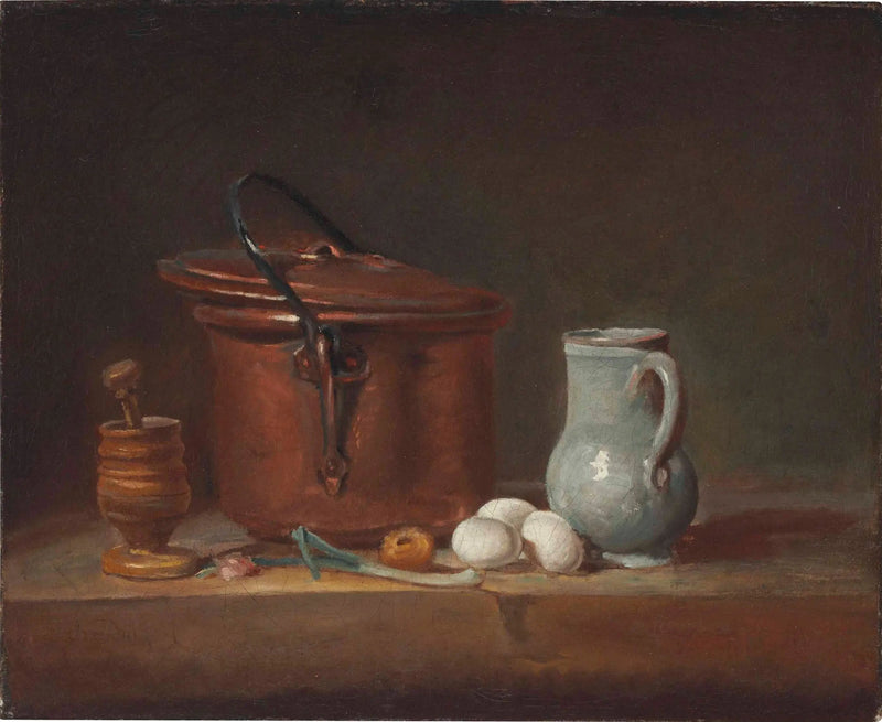 Una casseruola in rame, un pestello e un mortaio, una brocca, una cipolla, delle uova e una cipolla su una mensola - Jean Siméon Chardin