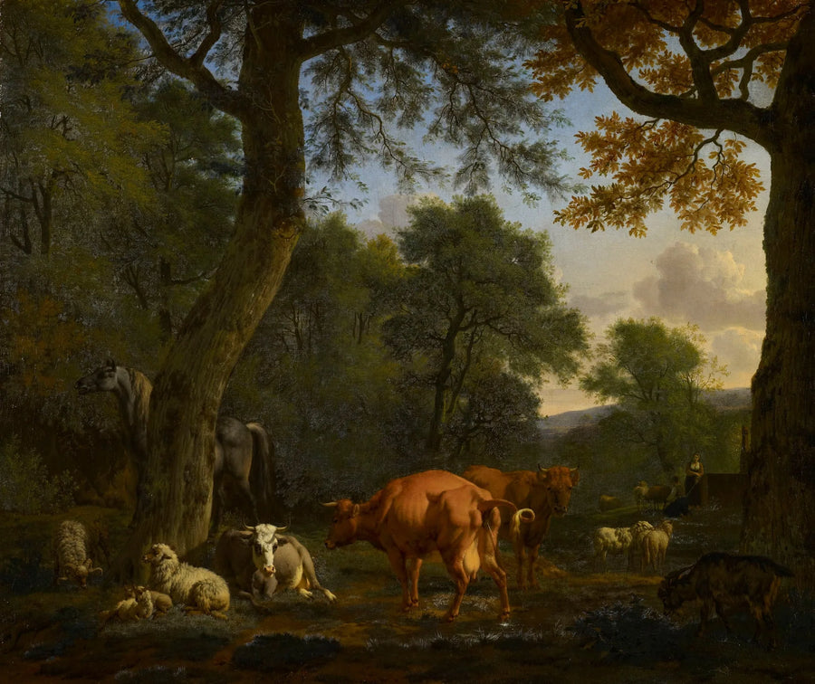 Une clairière boisée avec des animaux et des personnages - Adriaen van de Velde