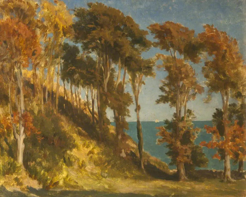 Una collina boschiva con il mare oltre - Frederic Leighton