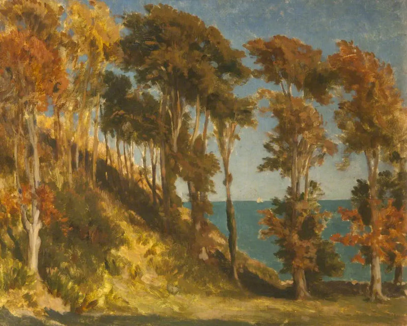 Una collina boschiva con il mare oltre - Frederic Leighton
