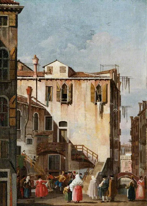 Una corte a Venezia con un uomo e una donna che ballano - Canaletto