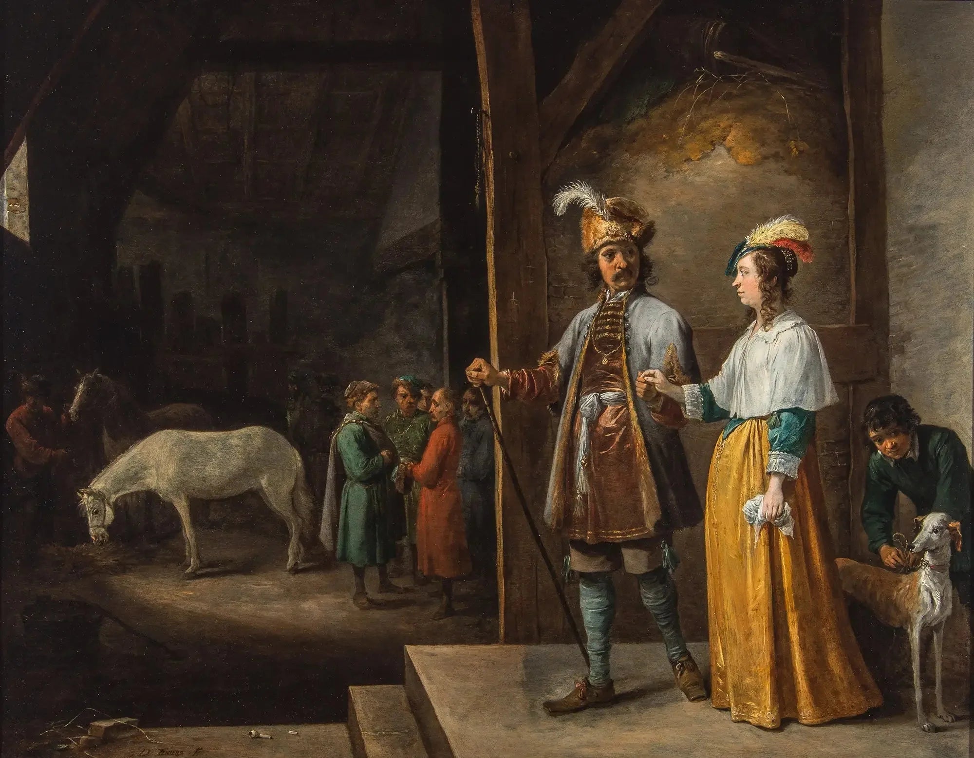 Une dame et un monsieur entrant dans une écurie - David Teniers le Jeune image 1 reproduction de peinture à l’huile