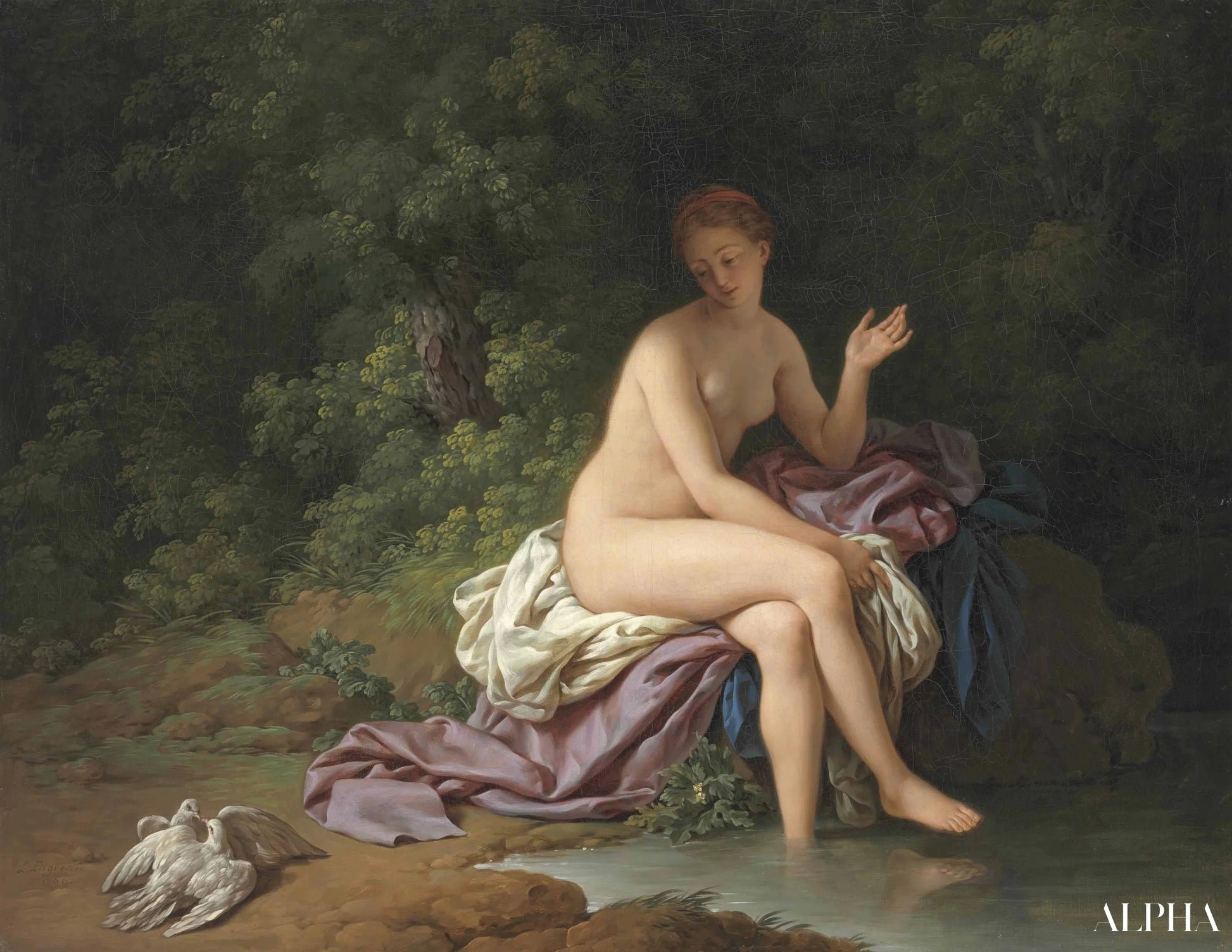 Una signora che si bagna al bordo di un fiume, con due tortore - Louis Jean François Lagrenée - Riproduzioni di quadri e dipinti di alta qualità