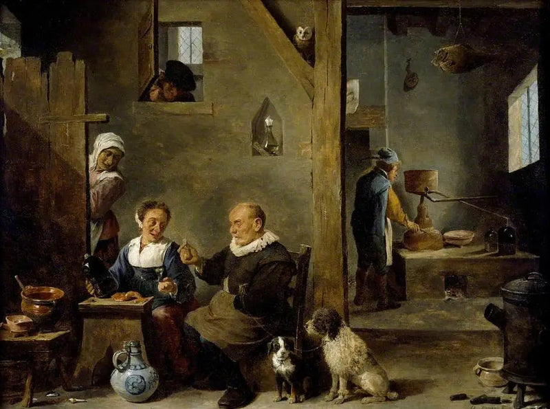 Una distilleria con un uomo anziano che compra gin da una donna - David Teniers il Giovane