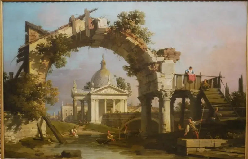 Una chiesa a forma di cupola vista attraverso un arco in rovina - Canaletto