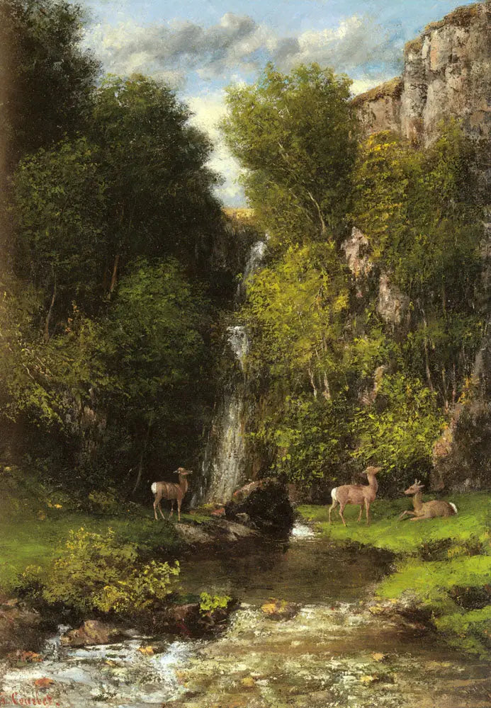 Una famiglia di cervi in un paesaggio con una cascata - Gustave Courbet
