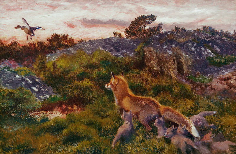 Una famiglia di volpi con un'anatra selvatica che si allunga - Bruno Liljefors