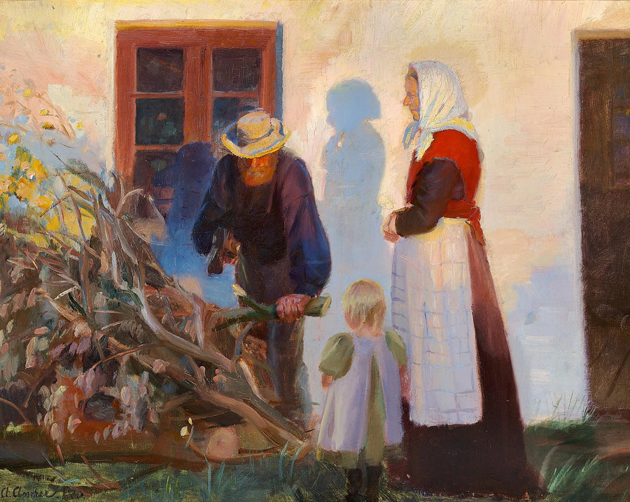 Una famiglia a Skagen taglia i rami davanti a una casa. - Anna Ancher