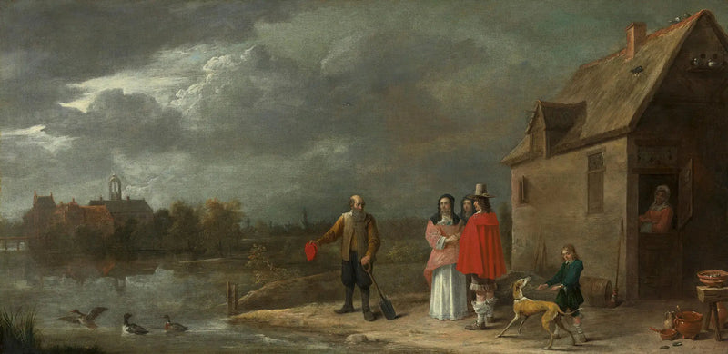 Una famiglia in piedi in un paesaggio con una casa circondata da fossati sullo sfondo - David Teniers il Giovane
