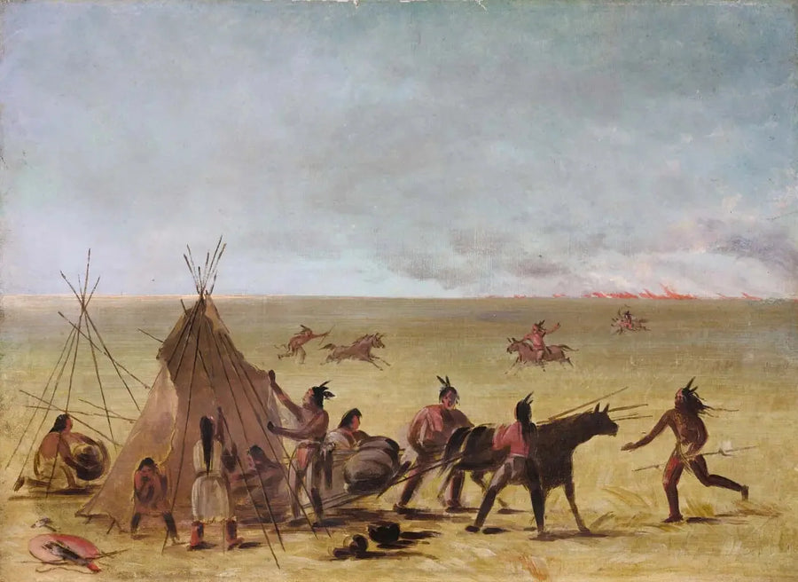 Una famiglia indiana allarmata dall'approccio di un incendio nelle praterie - George Catlin