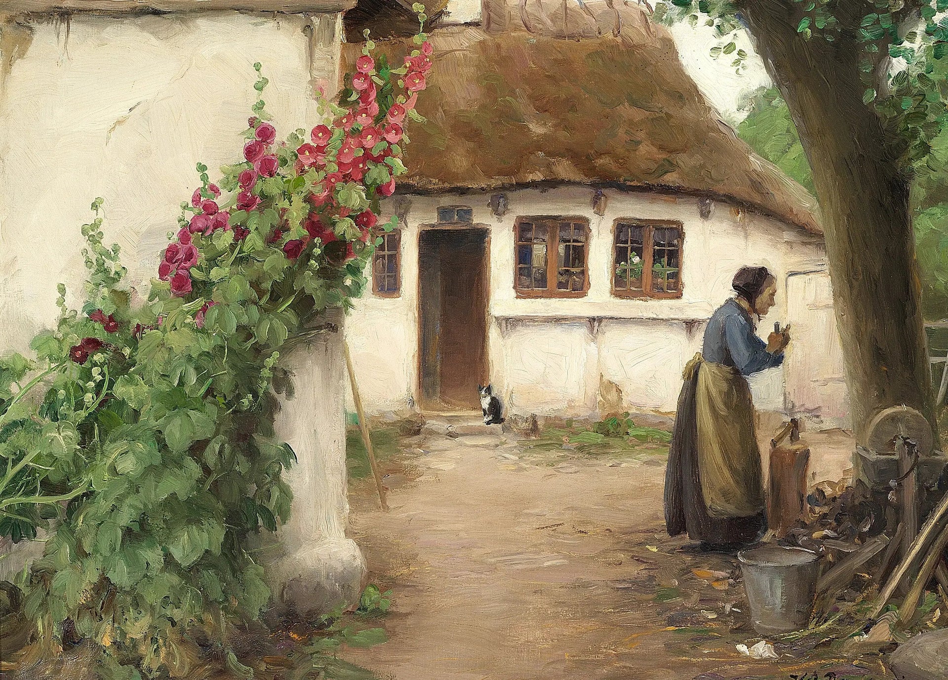 Une femme dans une ferme avec des roses trémières rouges. - H. A. Brendekilde image 1 reproduction de peinture à l’huile