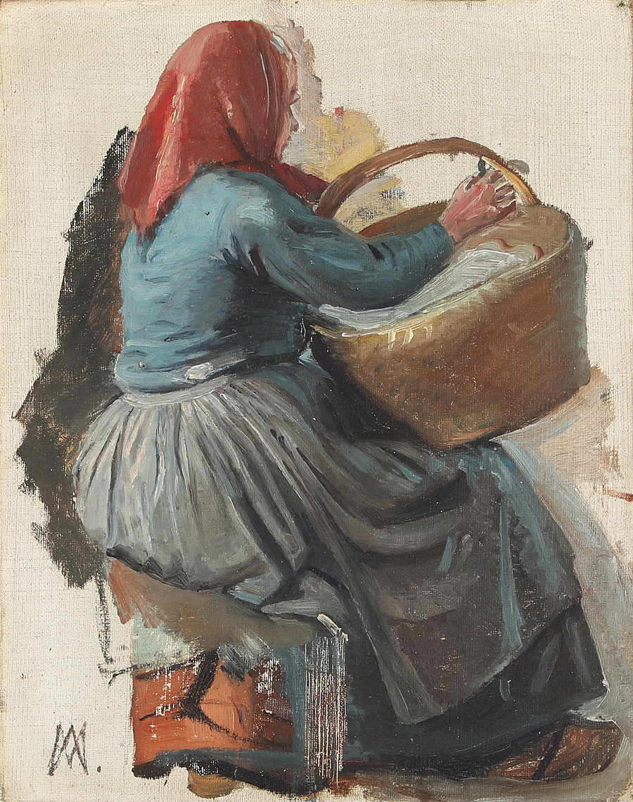Una donna vista da dietro, che porta un cesto e indossa una sciarpa rossa in testa. - Michael Peter Ancher