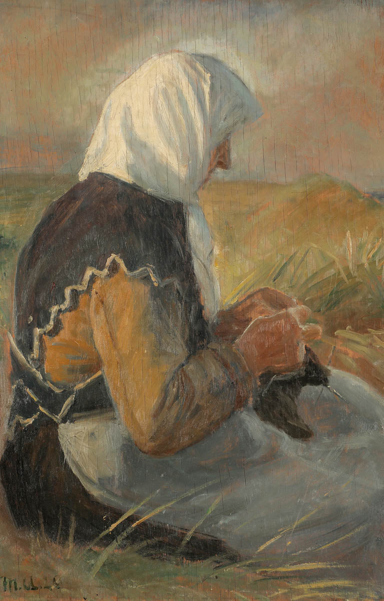 La moglie di un pescatore lavora a maglia tra le dune. - Michael Peter Ancher