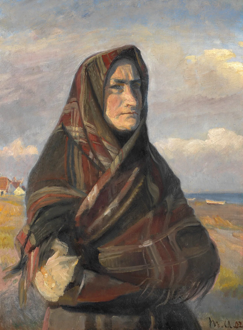La moglie di un pescatore, che indossa uno scialle a quadri, è in piedi tra le dune vicino a Skagen e guarda il mare. - Michael Peter Ancher