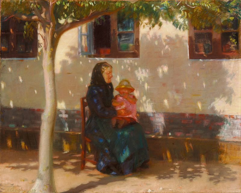 Una donna di Skagen seduta con la piccola Helga Ancher davanti a una casa bianca. - Anna Ancher