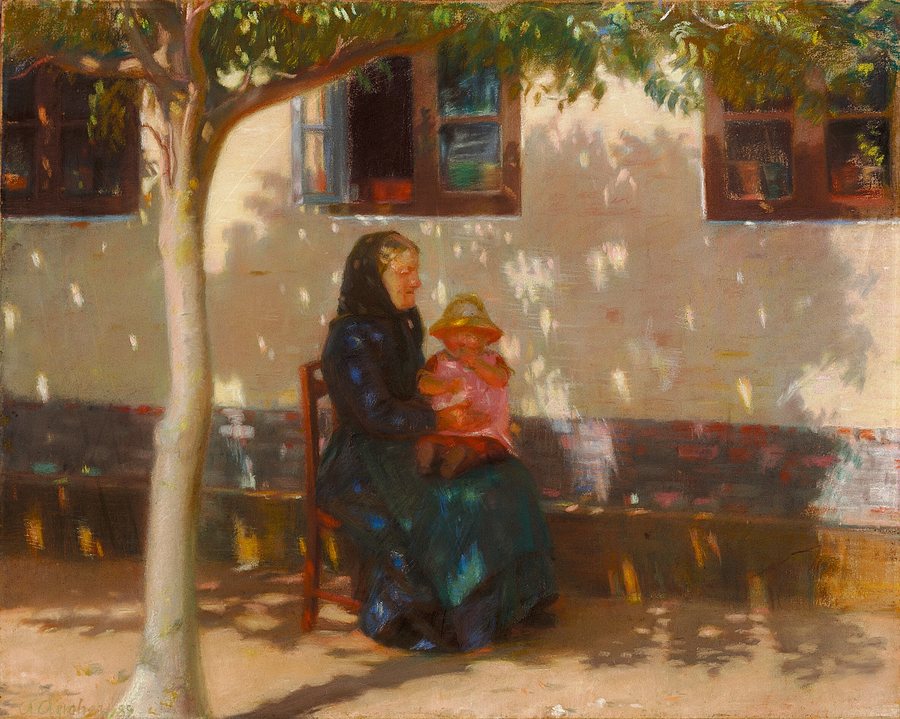 Una donna di Skagen seduta con la piccola Helga Ancher davanti a una casa bianca. - Anna Ancher