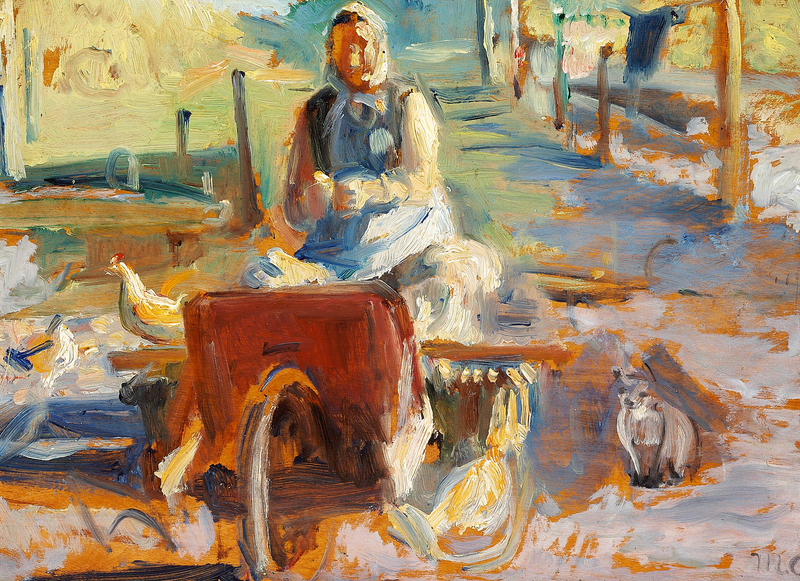 Una donna di Skagen con un gatto e delle galline. - Michael Peter Ancher