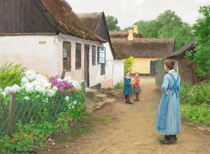 Una donna e alcuni bambini in una piccola strada di un villaggio. - H. A. Brendekilde
